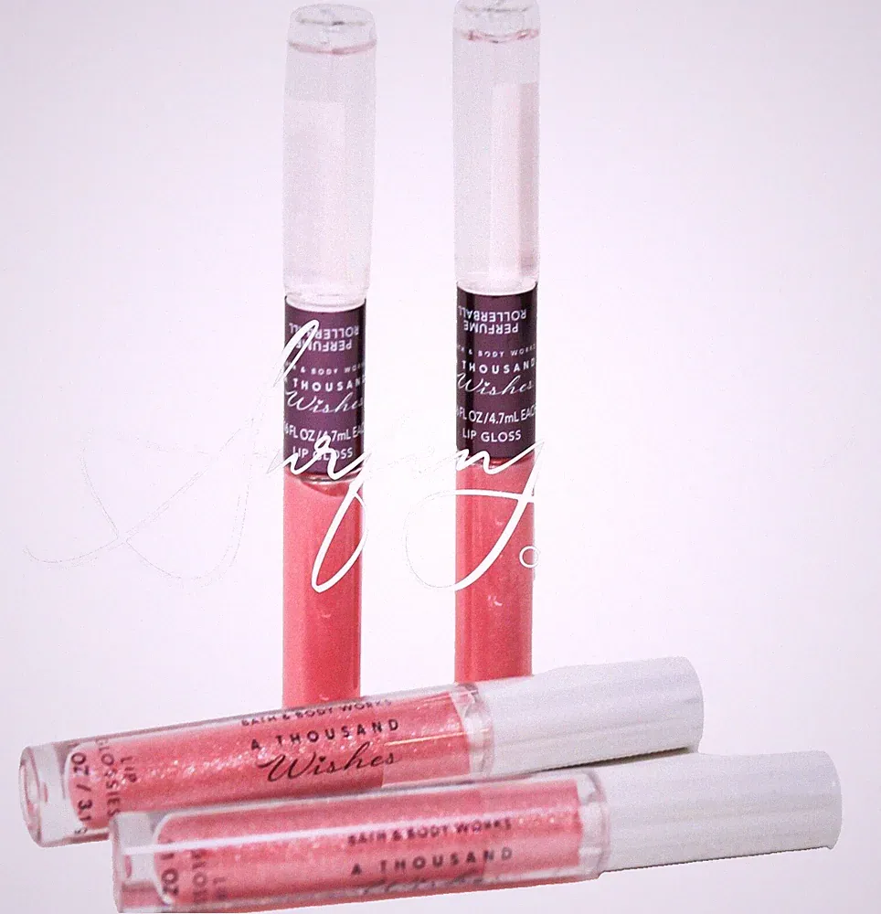 Bath & Body Works A Thousand Wishes Mini Perfume Purse Rollerball Lipgloss 4 pc