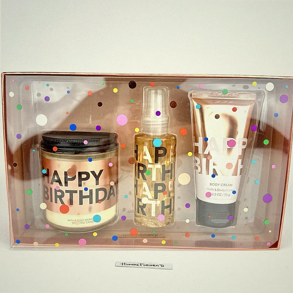 Bath & Body Works HAPPY BIRTHDAY 3pc Boxed Gift Set Candle Perfume Mist Cream